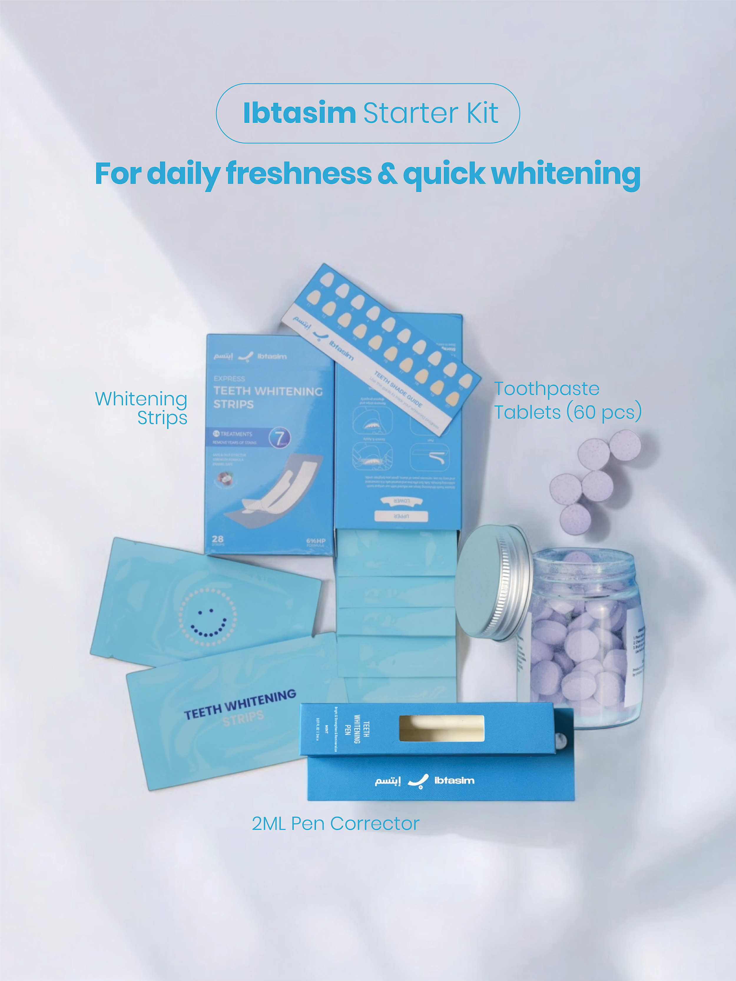 A dental hygiene starter kit by Ibtasim, including a box of teeth whitening strips, a pen corrector, and a jar of toothpaste tablets, all presented on a neutral background.